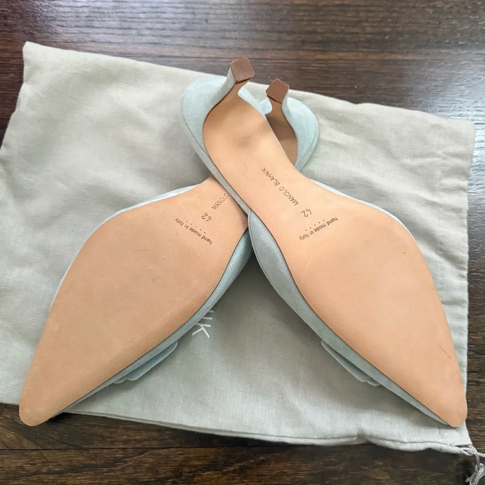 Manolo Blahnik Maysale Suede Buckle Mules Light blue Size 10.5 - Picture 3 of 5